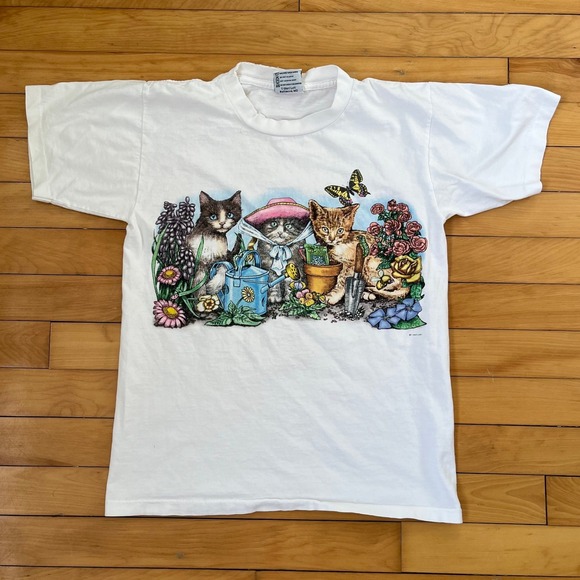 Prints of Tails Tops - Vintage Prints of Tails Cat Garden Graphic T-Shirt White Single Stitch Small USA